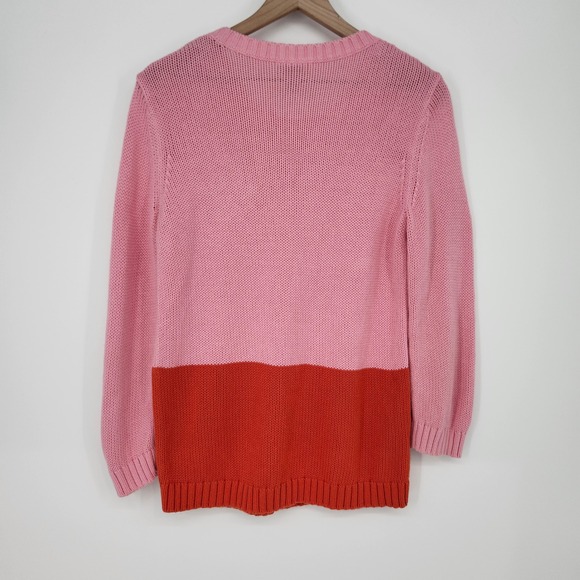 LOFT Womens Colorblock Crewneck Sweater Size L Pink Orange Cotton Capsule Preppy - Picture 6 of 6